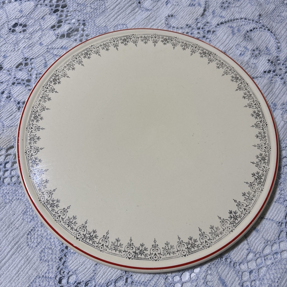 Winter Theme Cake Plate.  Red Rim With Silver Design 10.5 Inches